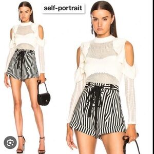 Self-Portrait White Frill Cold-Shoulder Open-Knit Top – Size S